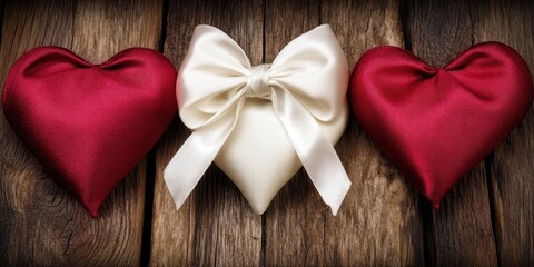 Three charming red and white hearts adorned with a delicate white bow rest elegantly on a rustic wooden surface, celebrating love's sweet embrace.