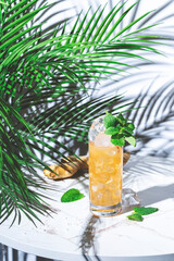 Salty ginger-ade non-alcoholic cocktail drink with lemon juice, dates, salt, cumin, ginger beer and mint. White marble table with palm leaves and shadows