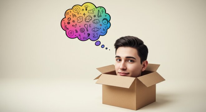 Think outside the box, thought bubble, creative thinking, head in a cardboard box 
