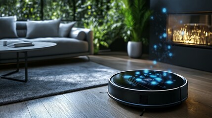 An AI-powered robotic vacuum navigating a modern living room with interactive holographic display, surrounded by greenery and soft lighting