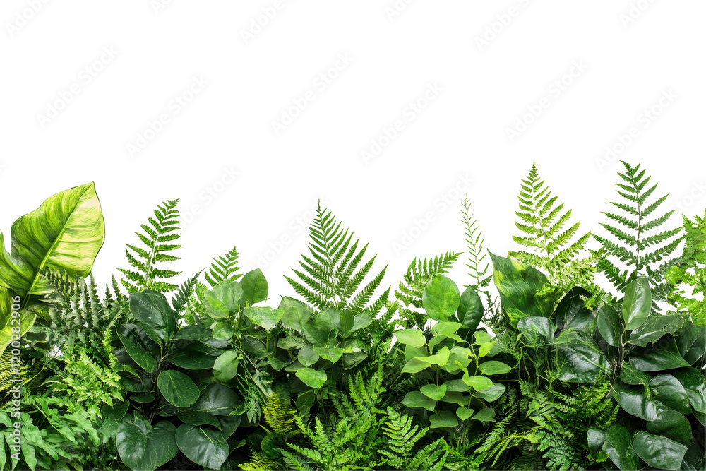 Poster vibrant green foliage arrangement with various leaves and ferns set against a transparent background