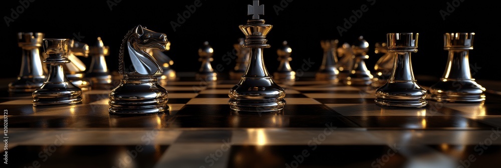 Poster chess pieces arranged on a black and gold board highlighting strategic gameplay in a competitive set
