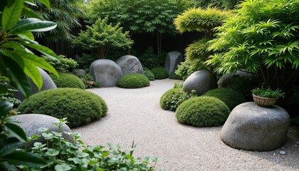 Serene zen garden with rocks and greenery, winding path, peaceful atmosphere, natural landscape design
