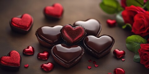 Obraz premium Sweet chocolate hearts nestled among vibrant red roses create a romantic tableau, perfect for celebrating love on Valentine's Day.