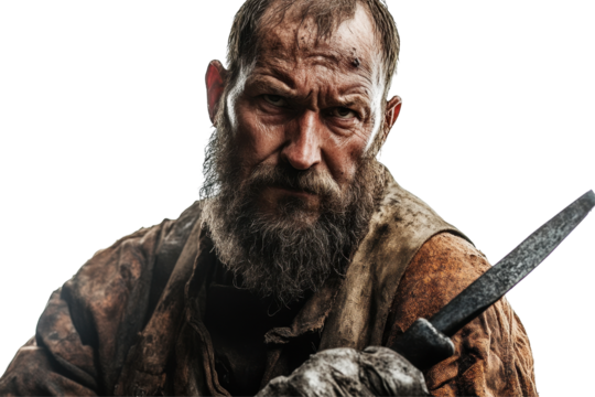 Portrait of a rugged man holding a knife with a fierce expression and dirt-covered clothing on a pure white background