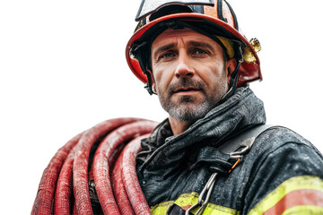 Fototapeta premium Firefighter stands confidently with fire hose on a rainy day, showcasing dedication and bravery while preparing for an emergency response