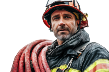 Firefighter stands confidently with fire hose on a rainy day, showcasing dedication and bravery while preparing for an emergency response