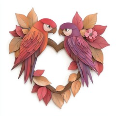 Fototapeta premium Beautiful Love Birds Surrounded by Colorful Leaves in Heart Shape