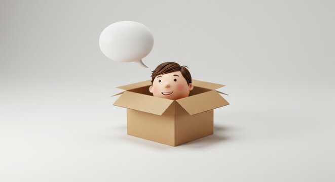 Think outside the box, thought bubble, creative thinking, head in a cardboard box 