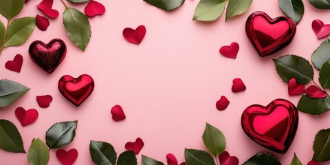 Obraz premium A whimsical display of vibrant hearts and delicate leaves dances across a soft pink backdrop, evoking the spirit of love and romance this Valentine's Day.