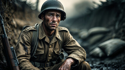 Soldier in trench showing emotion during combat in a war-torn landscape