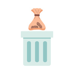 Bag Poop thrown into trash Can. Steel Bin for animal Excrement. Metal Container for shit package. Clean up after pets. Trash can, wastebasket. Isolated element. Flat style. Color vector illustration