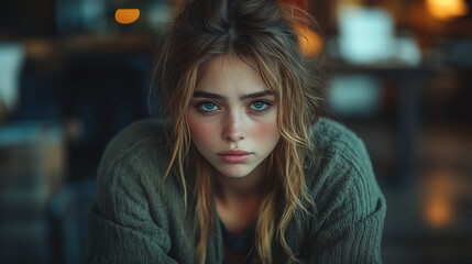 A young girl with a sad, worried face.