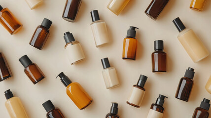 Obraz premium Various cosmetic bottles on a beige background.