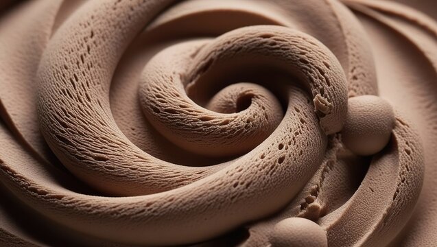 Close-up of smooth chocolate cream swirl, rich dessert texture with elegant soft pattern. Perfect for food design, pastry branding, and luxury background visuals.