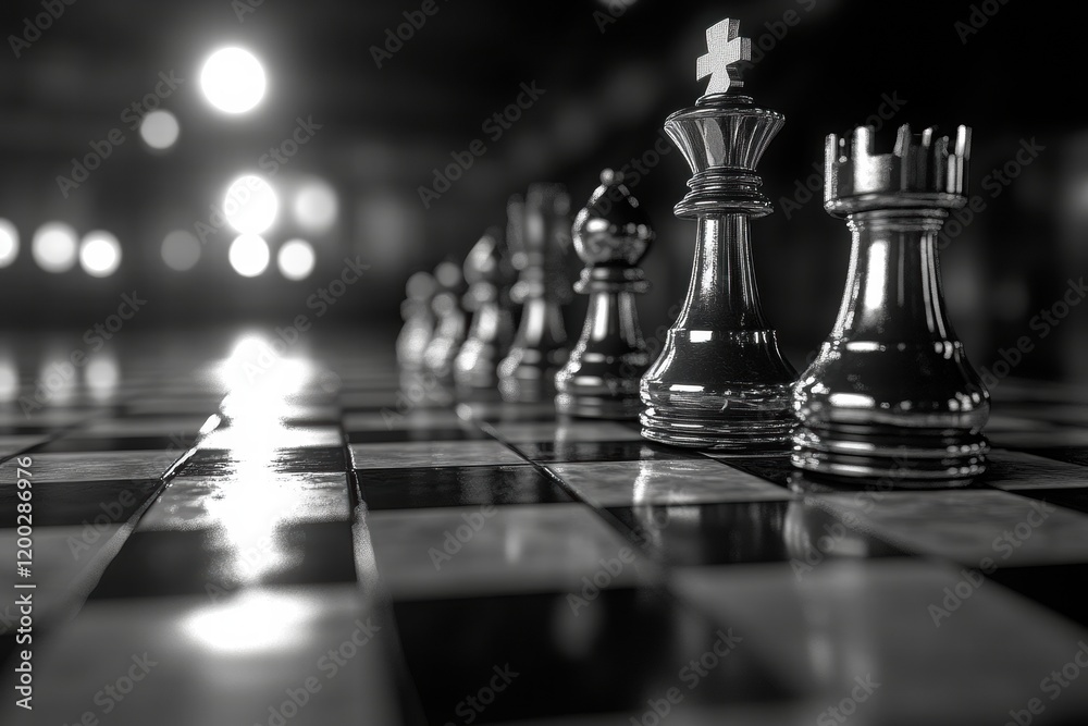Poster strategic chess pieces arranged on a checkered board during an intense match in black and white. gen