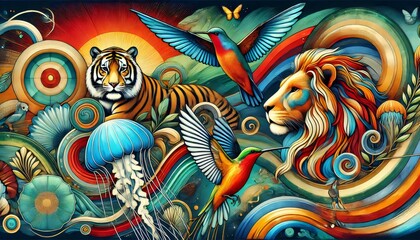 Vibrant abstract artwork blending wildlife elements tiger, lion, jellyfish, hummingbird soaring through swirling colorful patterns