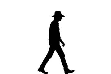 Silhouette of a person walking in a hat isolated on transparent background