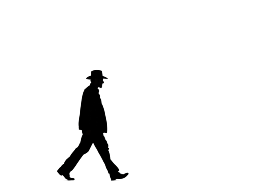 Man in a hat walking on a plain background during sunset isolated on transparent background