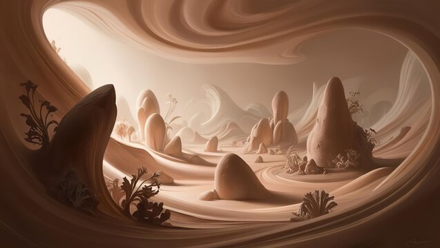 Majestic underground cavern scene with dramatic natural light illuminating mysterious rock formations. Cinematic fantasy landscape in warm sepia tones perfect for adventure and exploration themes.