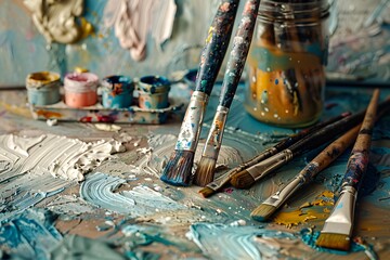 Artist's messy studio, paintbrushes, palette, creative process