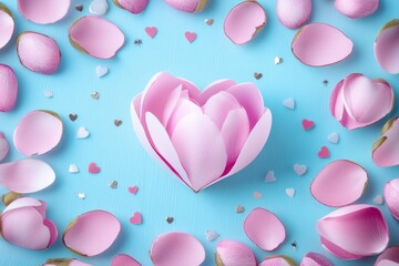 A delicate heart-shaped paper flower nestles among soft, colorful petals, radiating love and warmth, perfect for celebrating Valentine's Day.