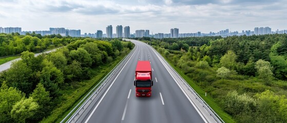 Red Truck Driving on Open Highway Surrounded by Lush Green Trees and Modern City Skyline in Background