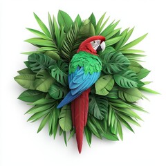 Obraz premium Vibrant Macaw Perched Among Lush Tropical Greenery and Leaves