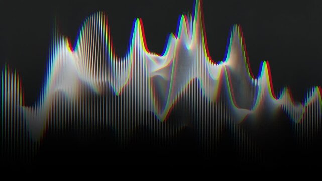 3D chart of sound spectrum wave visualization with peaks and waves as istogram. 3D visualization of Gaussian noise with mountain-like peaks, vertical spikes, and mesh patterns on a black background