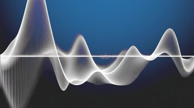 3D chart of sound spectrum wave visualization with peaks and waves as istogram. 3D visualization of Gaussian noise with mountain-like peaks, vertical spikes, and mesh patterns on a black background