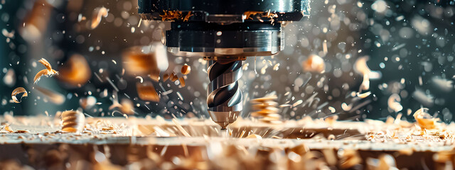 A banner with a wood drill in action in close-up, scattering sawdust