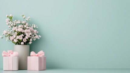 Elegant Arrangement of Pink Presents and Fresh Flowers in a Modern Mint Green Background