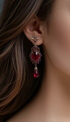Close-up of elegant earrings with red gemstones on a woman, showcasing luxury and beauty
