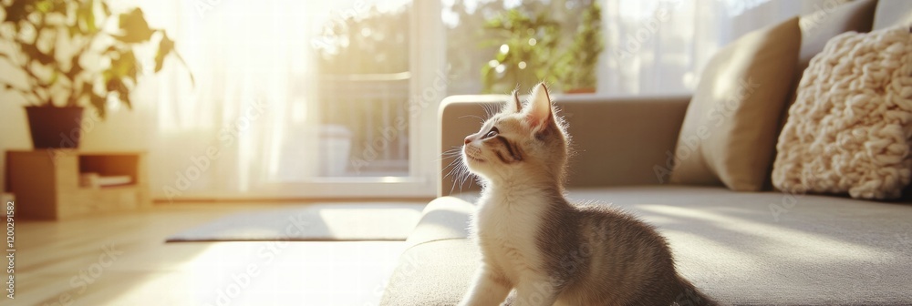 Poster kitten enjoys playful moments in bright sunny living room during afternoon. generative ai
