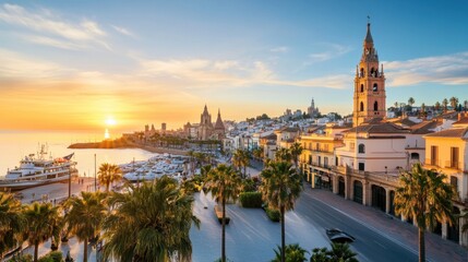 Naklejka premium Beautiful sunset over coastal town with palm trees, yachts, and historic architecture, vibrant sky, scenic ocean view