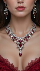 Close-up of a woman wearing exquisite ruby and diamond jewelry with elegant makeup
