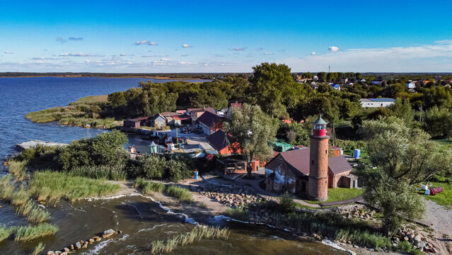 Polessk, Kaliningrad region, Russia, September 04, 2022 Old lighthouse in the village Zalivino