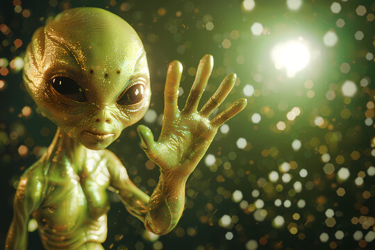 A green alien with big eyes waves his hand in greeting against a blurred green background
