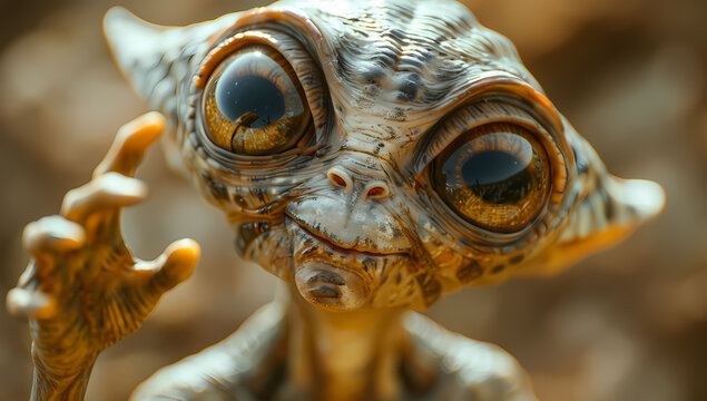 Close-up of a cute alien with big eyes waving his hand in greeting