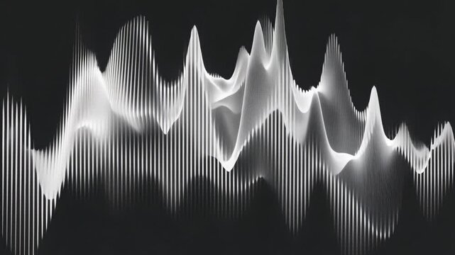 3D chart of sound spectrum wave visualization with peaks and waves as istogram. 3D visualization of Gaussian noise with mountain-like peaks, vertical spikes, and mesh patterns on a black background