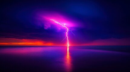 Powerful electrical current energy. Flash of lightning in a magic frame. Neon discharge in smoke effect.