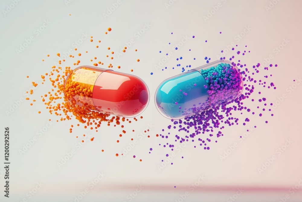 Aufkleber Colorful particles spill from split capsules displaying vibrant hues in a minimalist composition. Generative AI