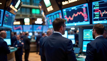 Fototapeta premium Financial professionals monitor stock market data on large screens in a bustling trading room. The scene conveys intensity and focus.