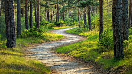 Scenic winding path through a lush forest during daylight in a serene natural setting