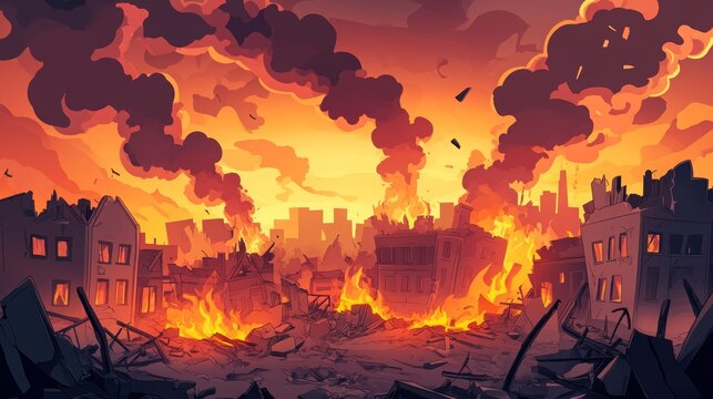 Cartoon of a city ablaze with smoke, flames, and broken buildings in a post-apocalyptic theme. 