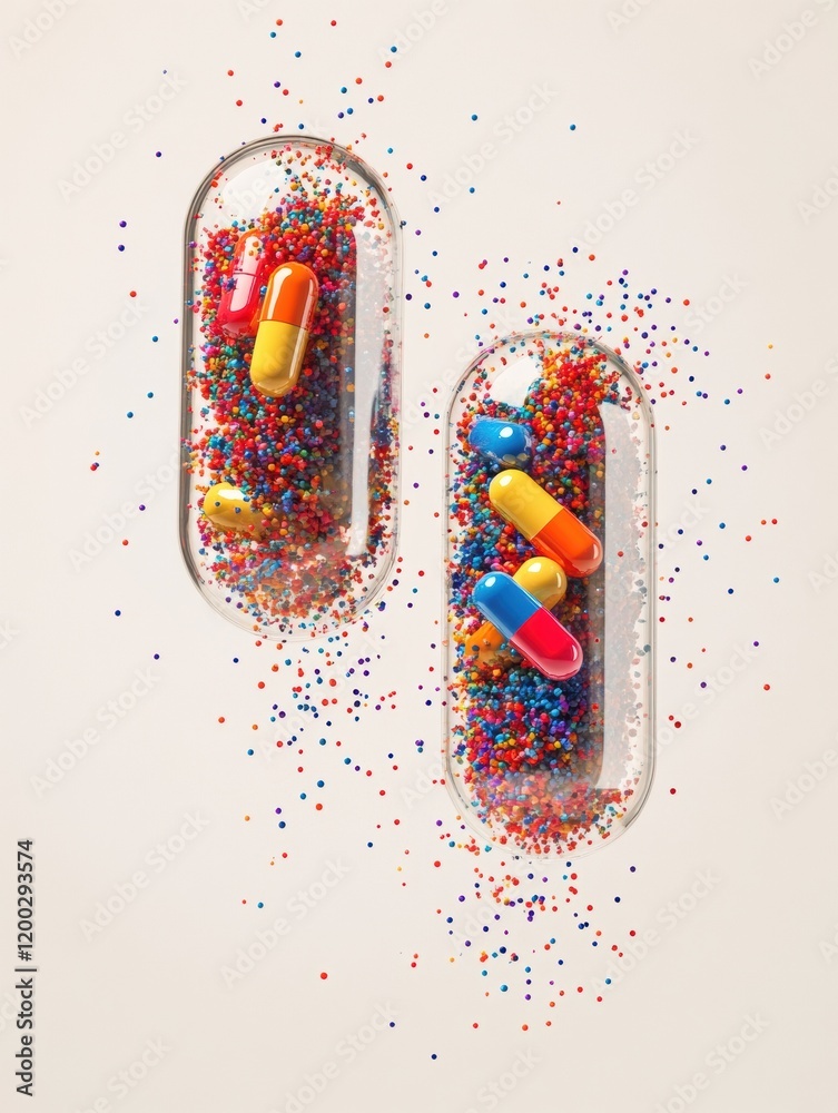 Aufkleber colorful particles spill from split capsule showcasing vibrant contents and dynamic design. generati