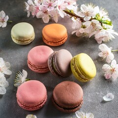 French sweet macaroons colorful variety on a concrete background with spring blossom