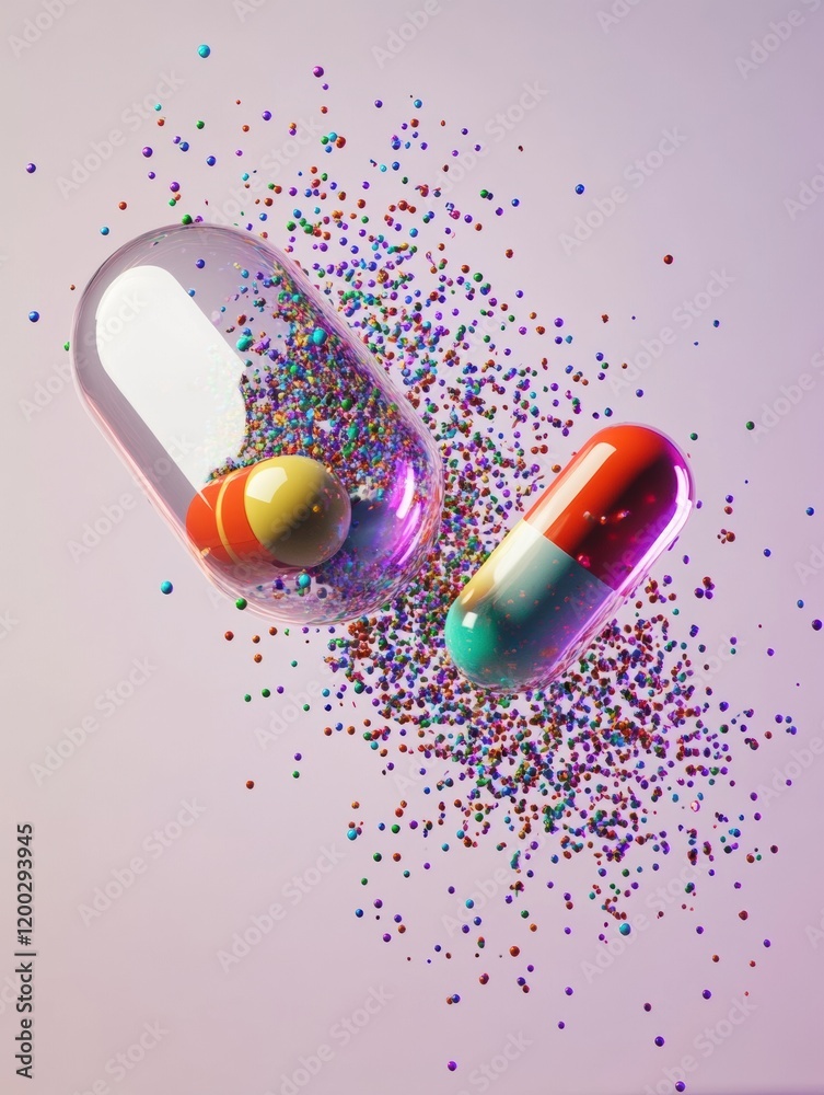Poster colorful particles spill from a split capsule creating a vibrant display against a soft background. 