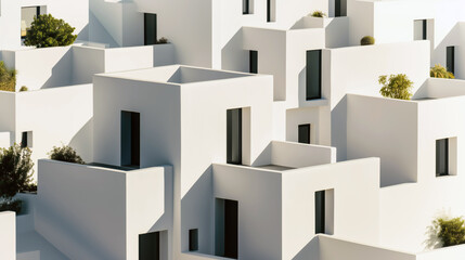 Minimalist modern white architecture with geometric shapes and terraces featuring greenery accents