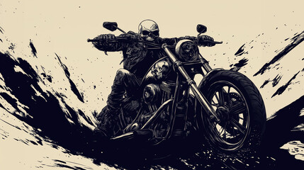 Dark and edgy illustration of a skull-faced biker riding a motorcycle with grunge effects